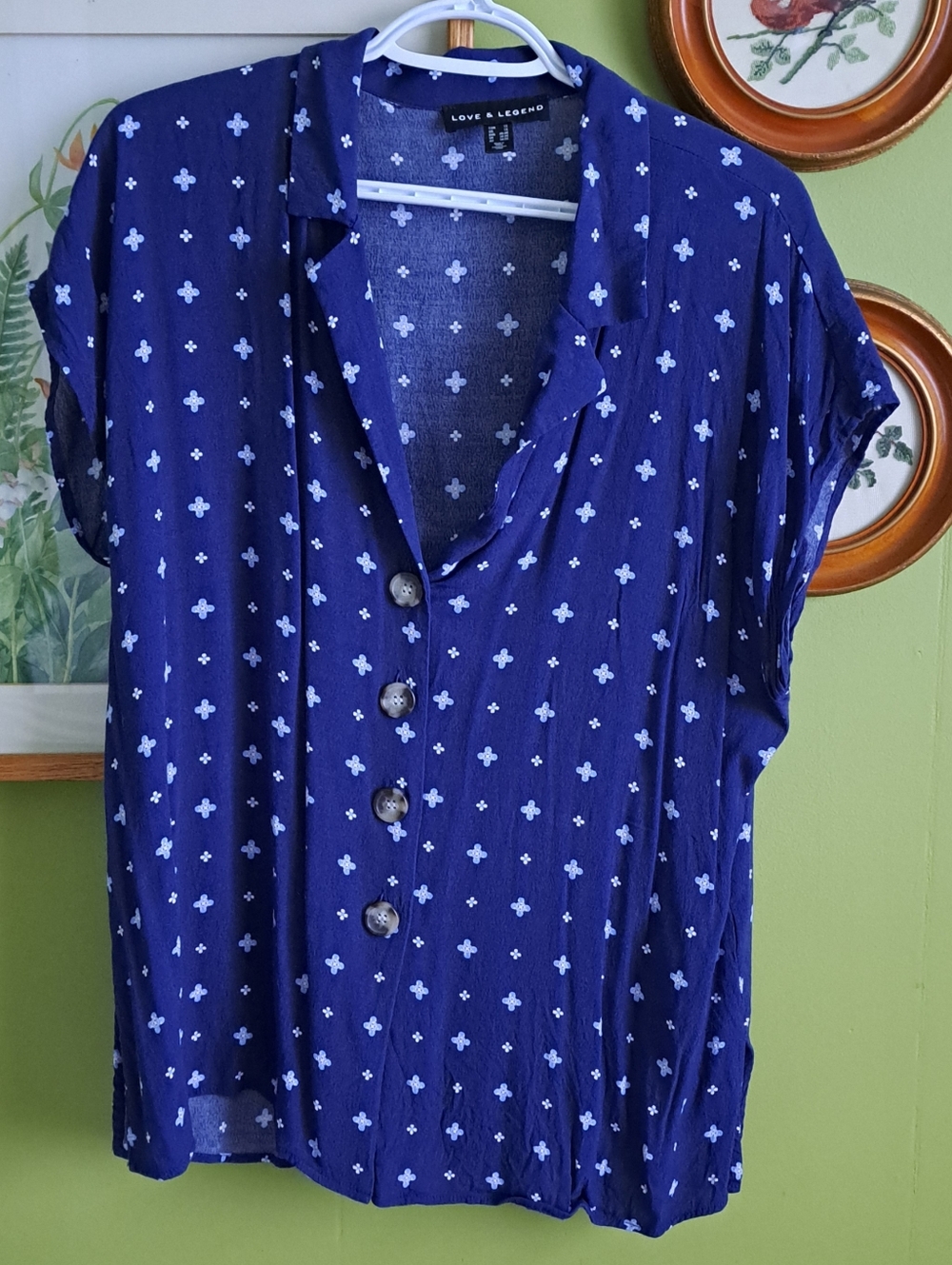 Navy Blue Short Sleeve Button Front Blouse